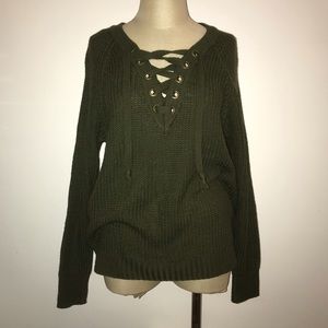 Green Long Sleep Knit Lace Up Sweater ✨